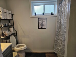 Hair dryer, towels, soap, shampoo