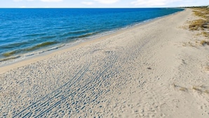 Ein Strand mit blauem Himmel und ruhigem Meer.