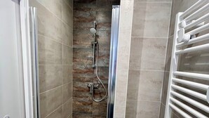 A modern shower stall with a glass door, a showerhead, and a handheld shower attachment. - Charming cottage (Le Mans)