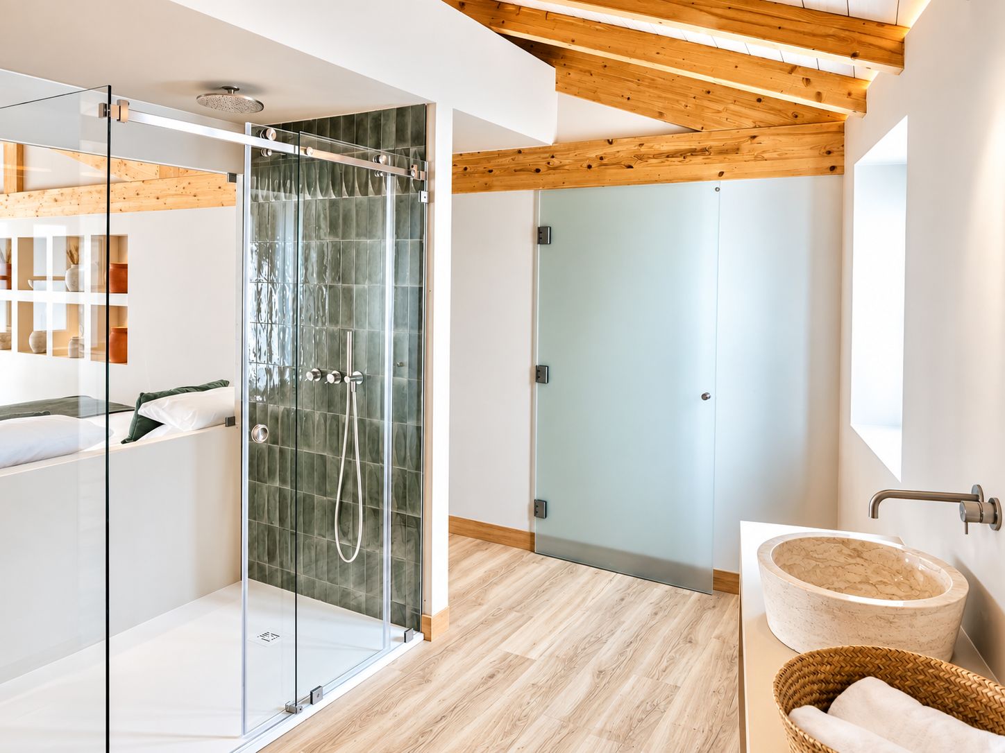 A modern bathroom with a glass-enclosed shower, a wooden ceiling, and a marble sink.