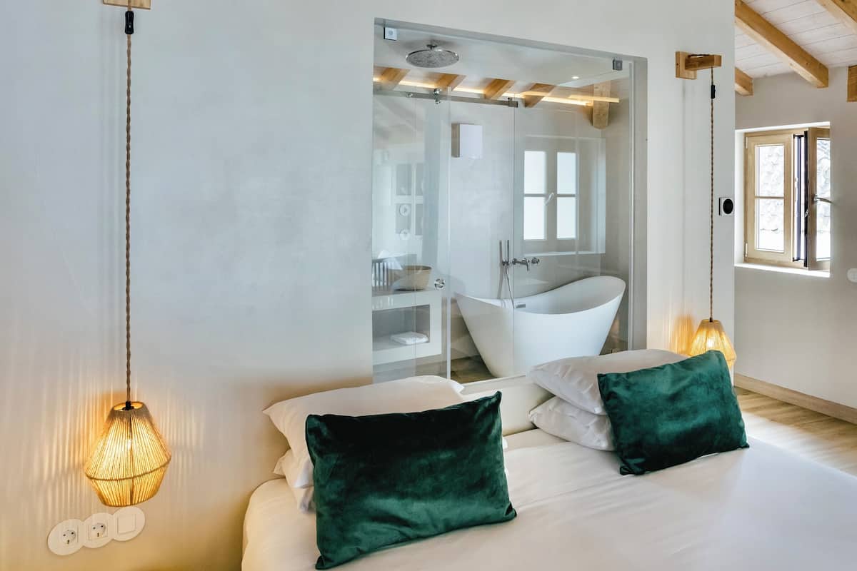A modern bedroom with a large bed, a glass shower enclosure, and a visible bathroom.