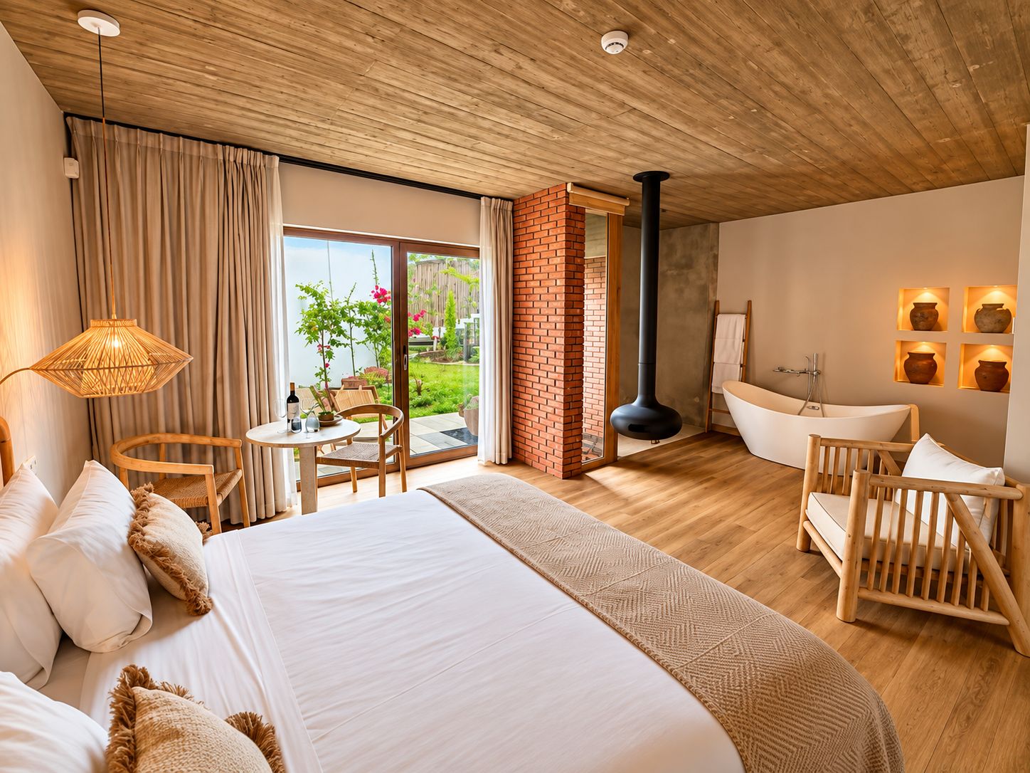 A hotel room with a large bed, a sitting area with a table and chairs, a bathtub, and a view of the garden.