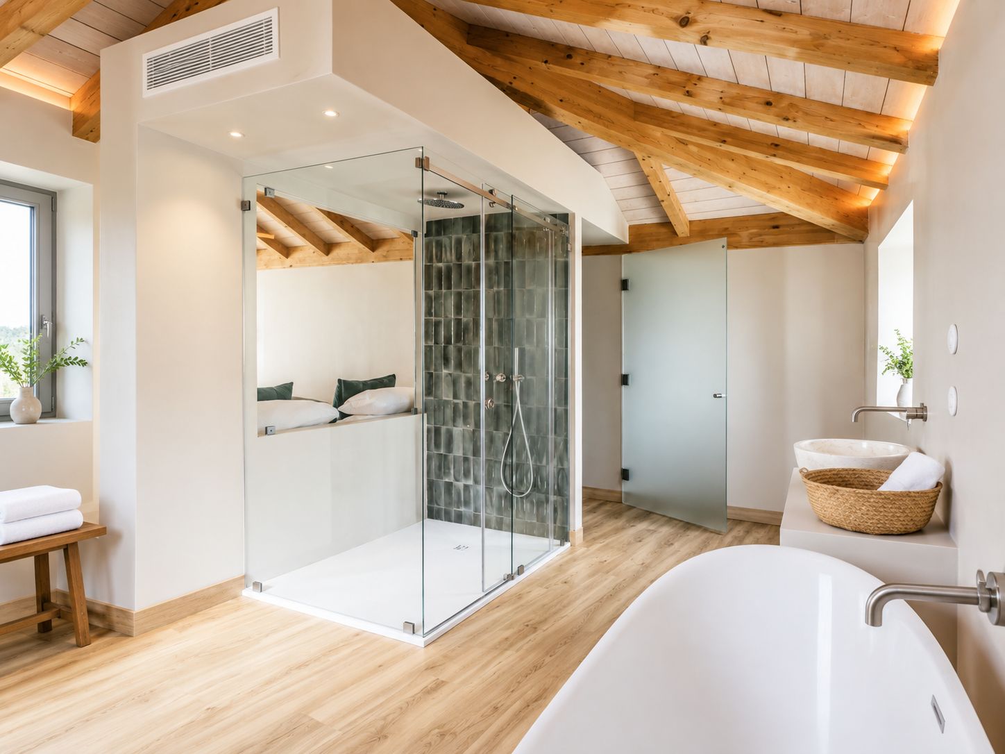 A modern bathroom with a glass-enclosed shower, a freestanding bathtub, and a minimalist design.