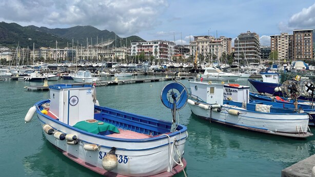 Un port de plaisance avec des bateaux amarrés, un ciel dégagé et des bâtiments en arrière-plan.