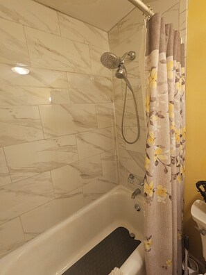 Hair dryer, towels, soap, toilet paper
