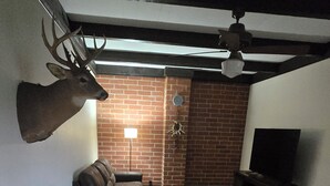 Una sala de estar con pared de ladrillo, ventilador de techo, chimenea y televisor.