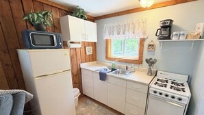 Eine kompakte Küche mit Kühlschrank, Mikrowelle, Spüle, Herd und Holzwänden.