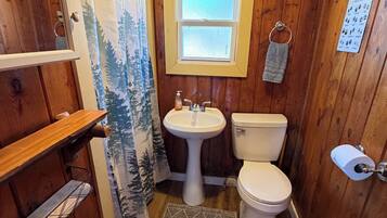 Shower, towels, soap, toilet paper
