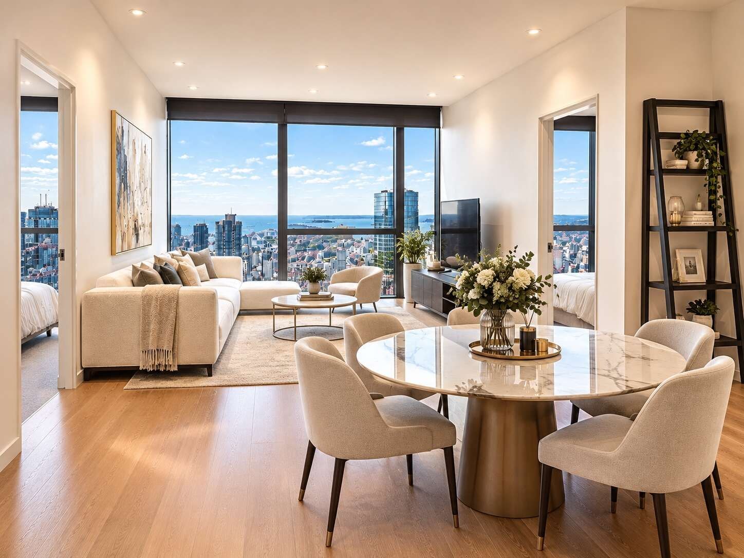 A modern living room with a city view, a dining area with a marble table, and a cozy seating arrangement.