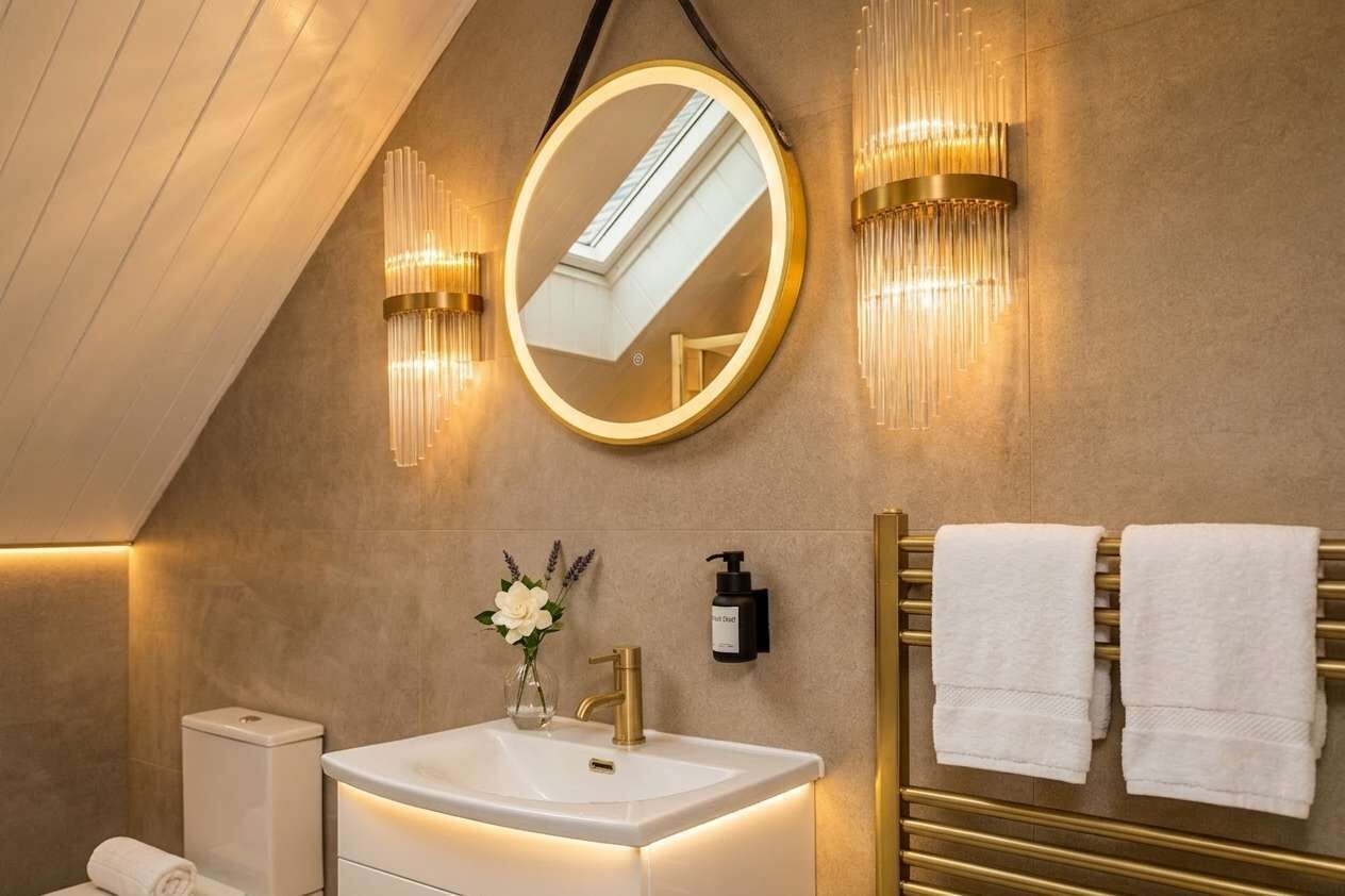 A modern bathroom with a skylight, a round mirror, a gold faucet, and a towel rack.