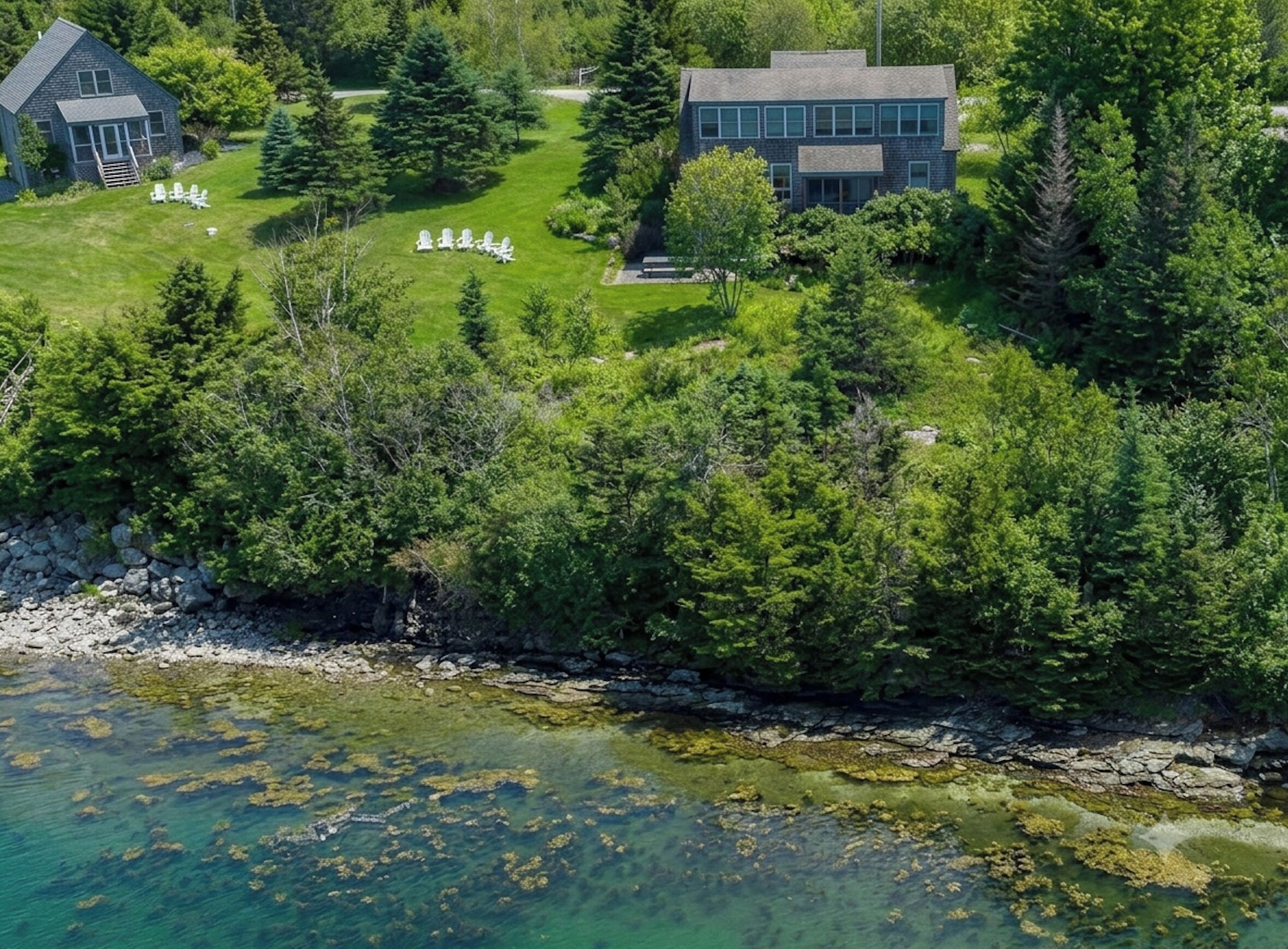 A coastal property with a large building, a smaller house, and a grassy area with chairs.