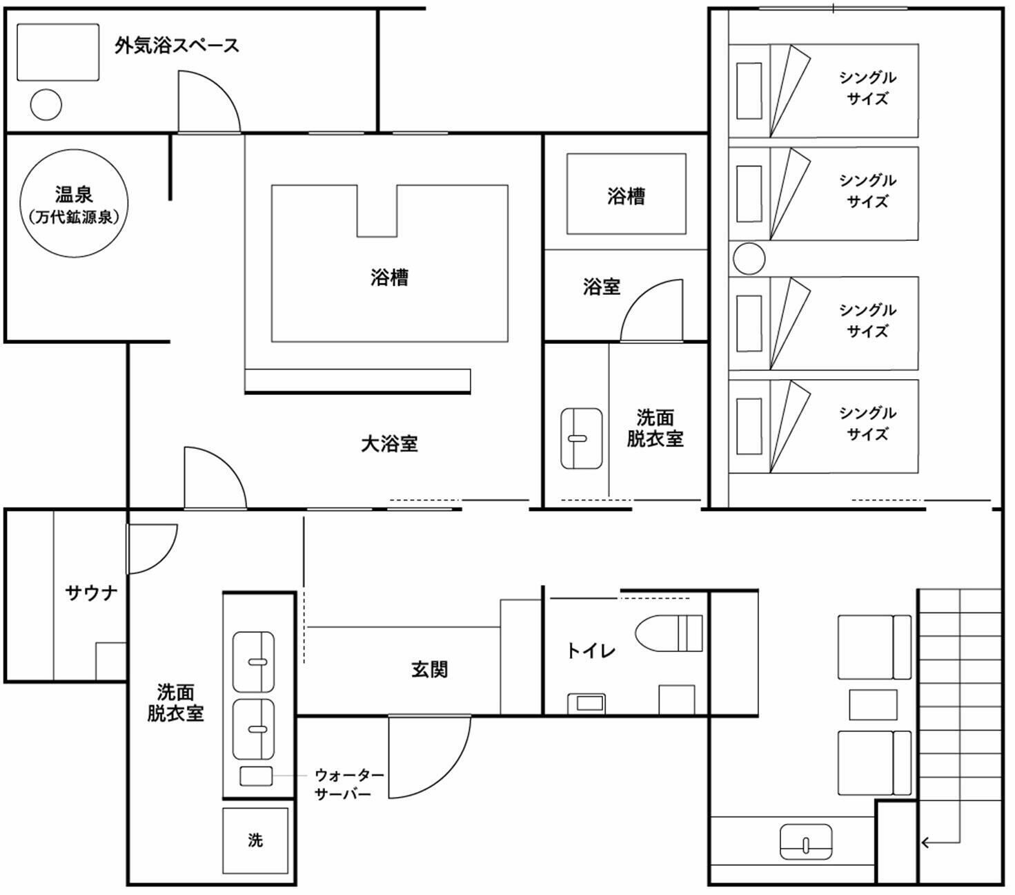 A hotel layout with multiple rooms, a sauna, and a toilet area.