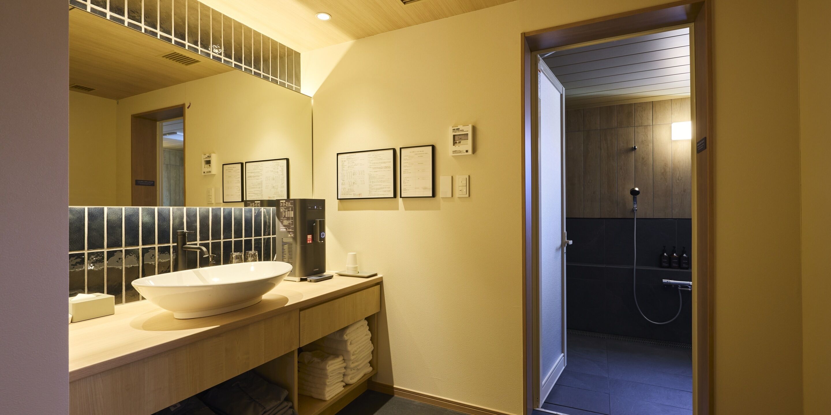 A modern bathroom with a large sink, a mirror, a towel rack, and a shower area.