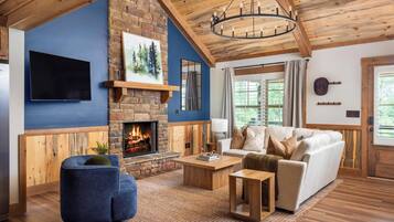 Smart TV, fireplace, books