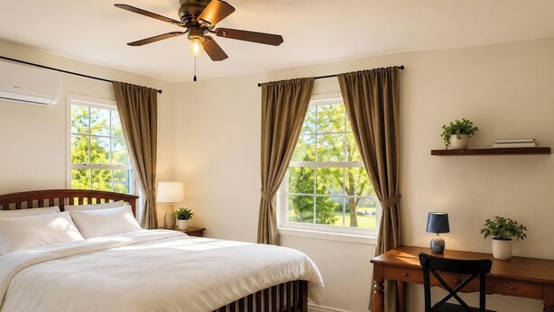 Un dormitorio con cama, escritorio, silla, ventilador de techo y ventanas con cortinas.
