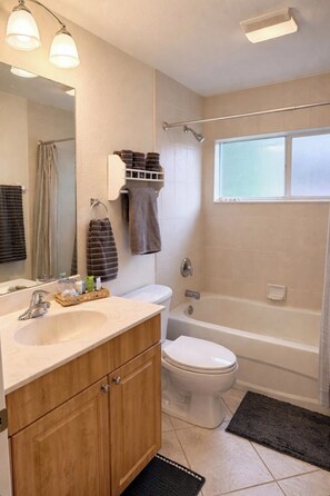 Shower, towels, soap, toilet paper