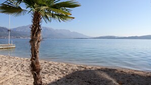 A beach with a palm tree, calm water, and mountains in the background. - Azzurro Hotel Bijela, Herceg Novi (Bijela)