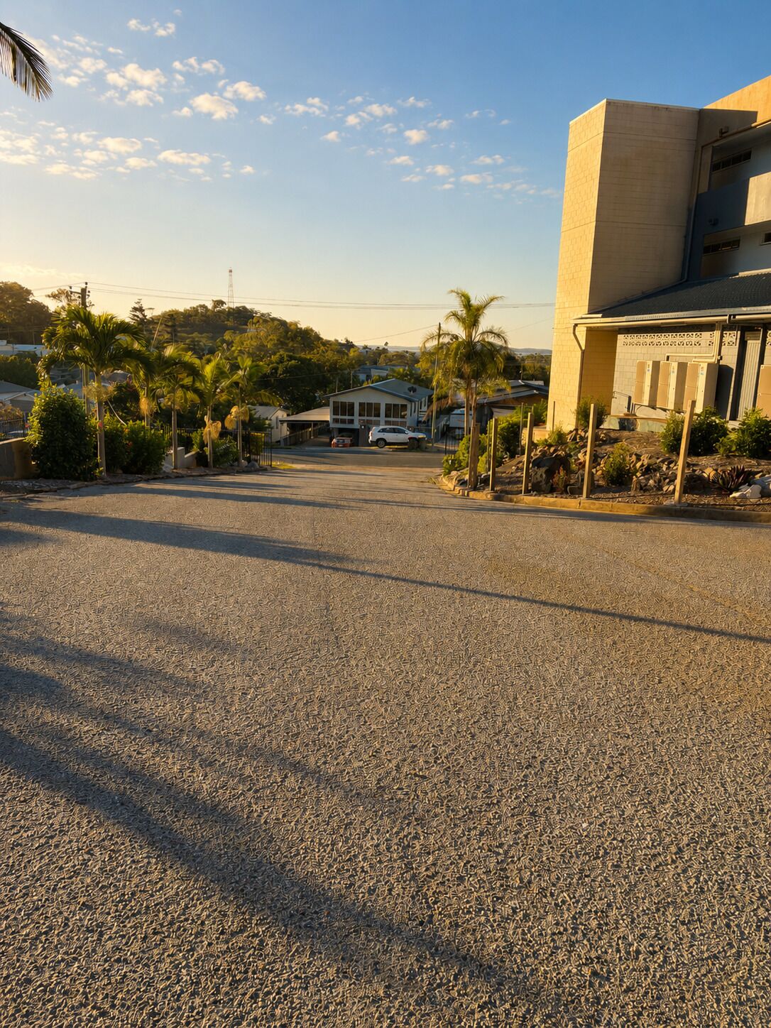 A parking lot with a building on the right, palm trees, and a clear sky.