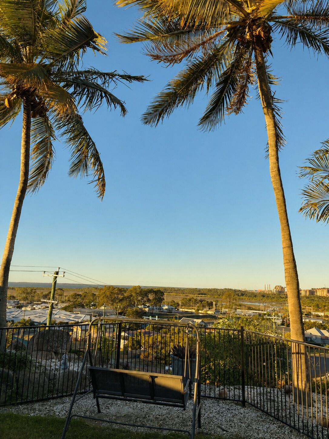 A bench in a fenced area with palm trees and a view of a cityscape.