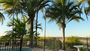 A fenced outdoor area with palm trees, a pool, and a clear sky. - Lumina Motel (South Gladstone)