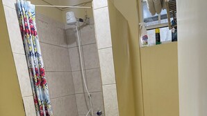 Une salle de bain avec douche, toilettes et lavabo.