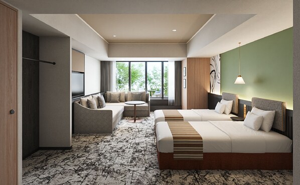 A modern hotel room with a sofa, two beds, a TV, and large windows. - Premium hotel MONday MAIHAMA VIEW II (Tokyo)