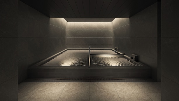 Una habitación moderna, con poca luz, que cuenta con una gran fuente rectangular en el centro, rodeada de paredes oscuras y un techo inclinado.