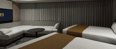 A modern hotel room with a sofa, a single bed, a small table, and a television.