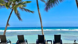 A beach with palm trees, a clear blue sky, and ocean waves. - Stunning Beach Front 5BD Penthouse, Spectacular Sea Views (Playa Juan Dolio)