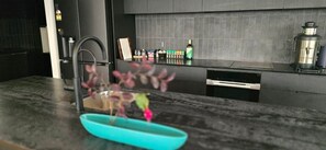Una cocina moderna con cubierta negra, un lavamanos y una cafetera.