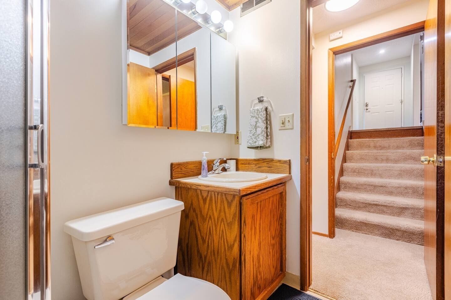 Hair dryer, towels, soap, toilet paper