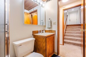 Hair dryer, towels, soap, toilet paper
