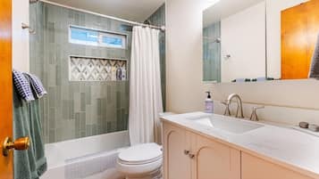 Hair dryer, towels, soap, toilet paper