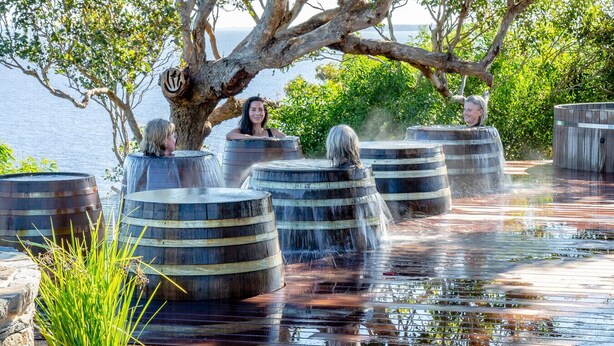 Una fuente de agua con barriles, un árbol y una masa de agua al fondo.