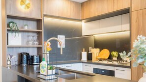 Fridge, microwave, oven, stovetop - Macquarie Park 3BR Apt | Near Metro & Uni, Parking (Macquarie Park)