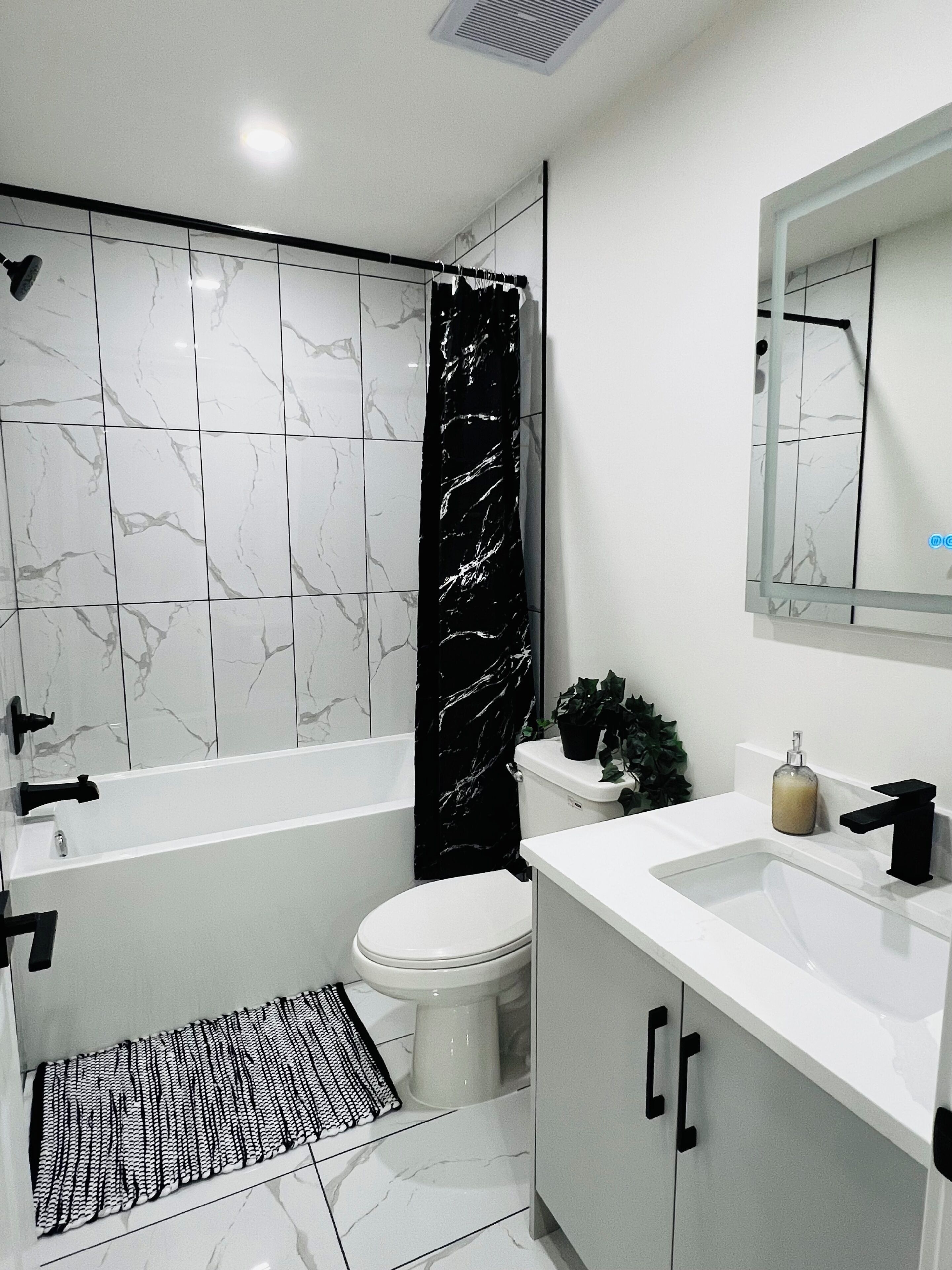 Hair dryer, towels, soap, shampoo