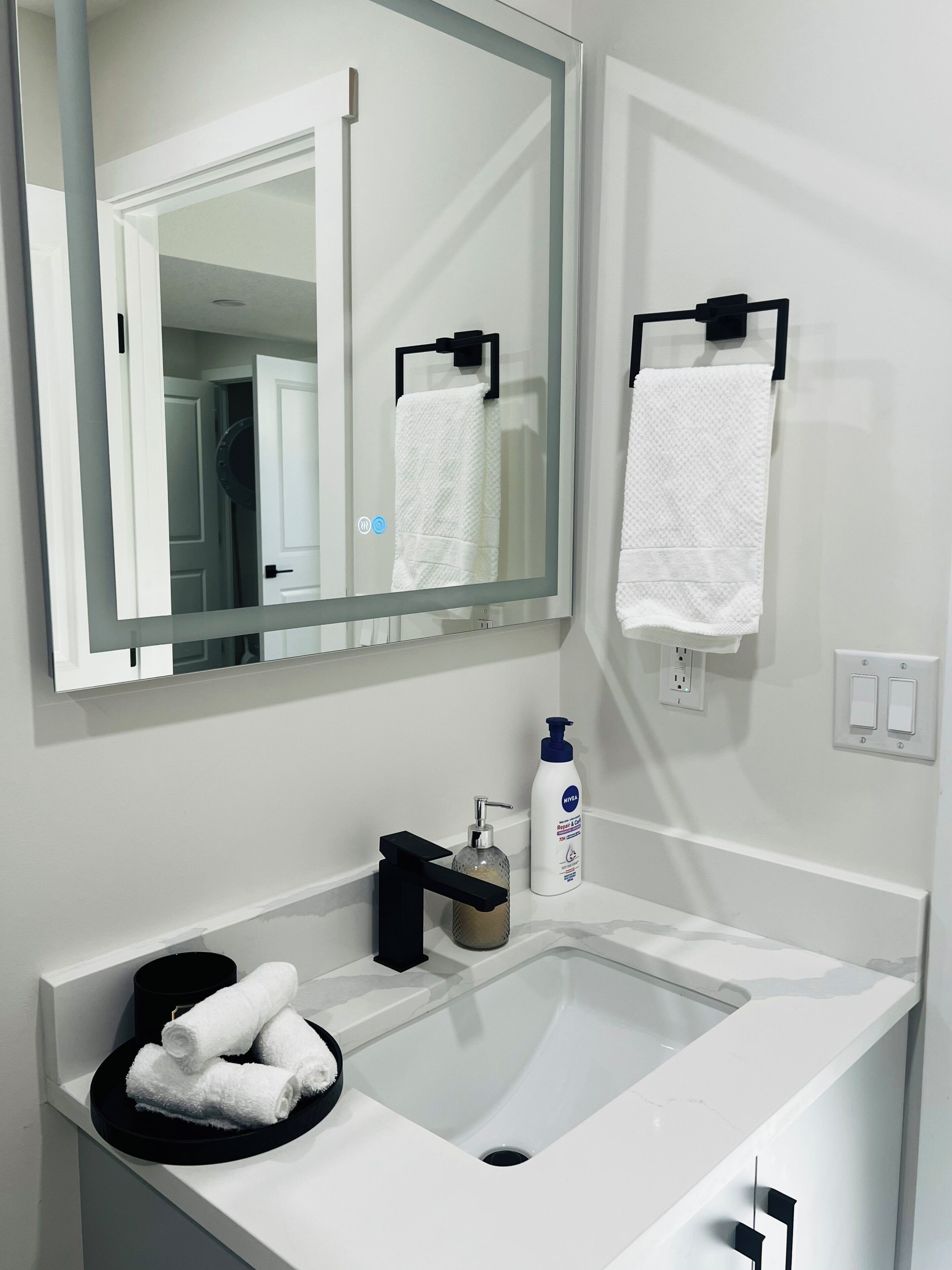Hair dryer, towels, soap, shampoo
