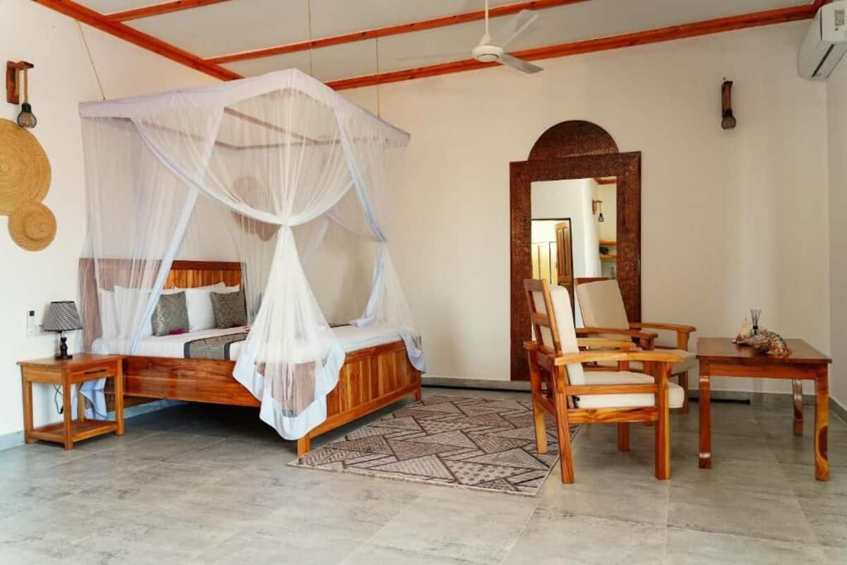 A room with a bed under a canopy, a wooden chair, a table, and a mirror.