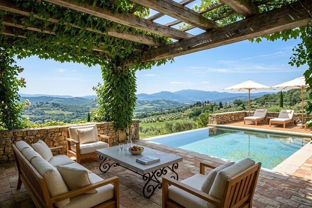 A poolside area with a pergola, seating, and a view of the countryside.