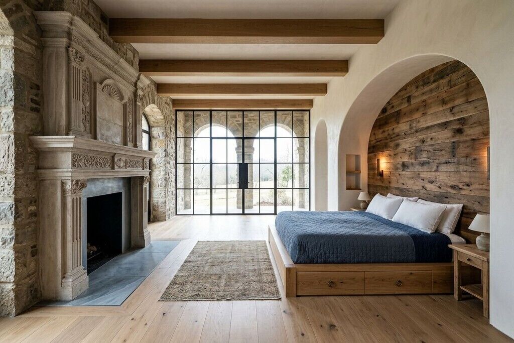 Ein Schlafzimmer mit Kamin aus Stein, Holzbalken, einem großen Bett und Blick durch Rundbogenfenster.
