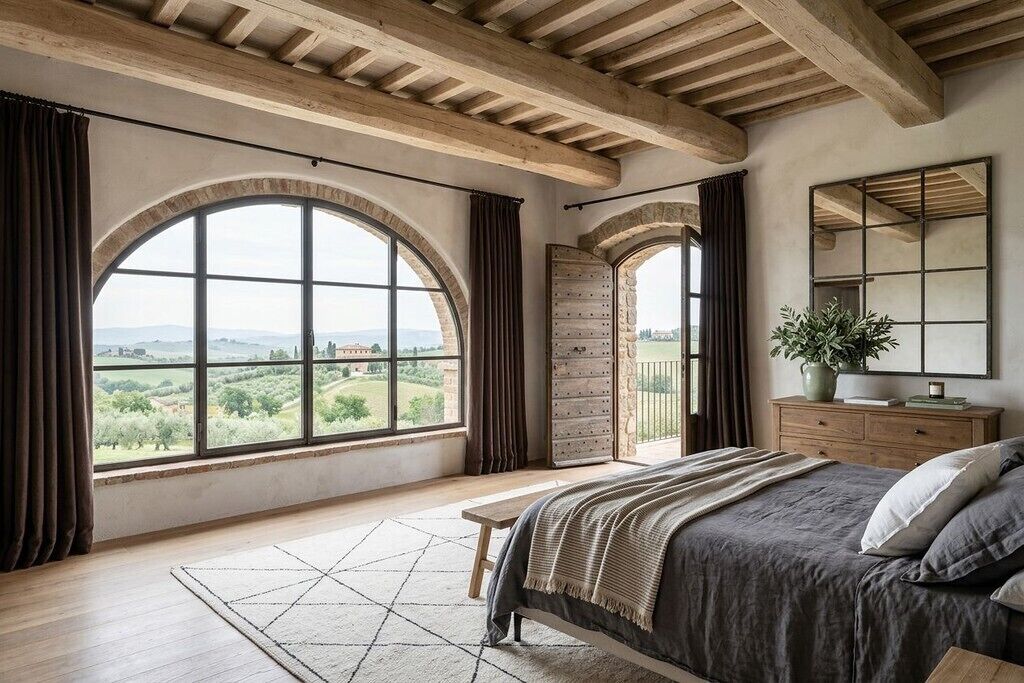 Ein Schlafzimmer mit einem großen Bogenfenster, einem Bett, einer hölzernen Bank und einem Schminktisch.