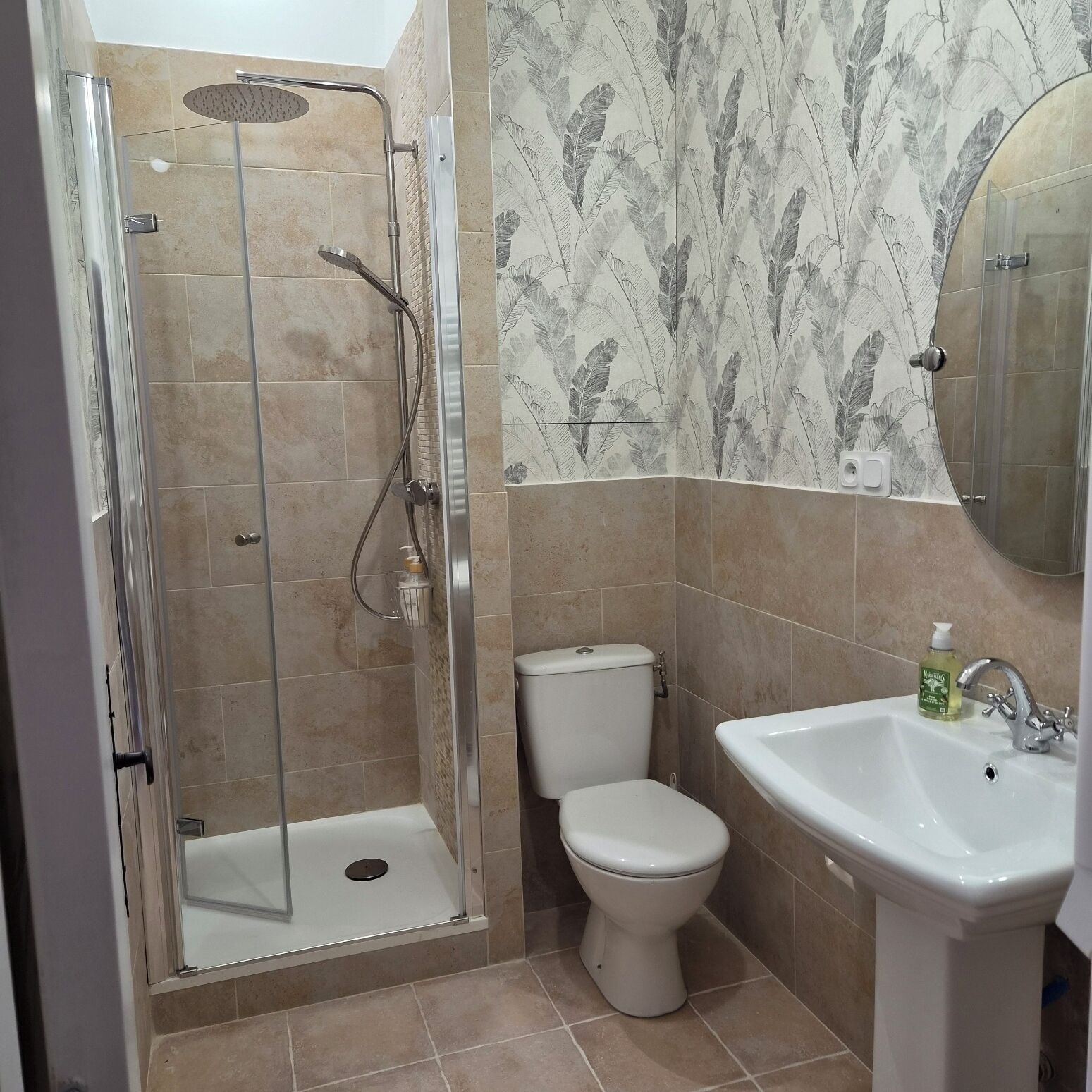 Un baño con ducha de vidrio, inodoro y lavamanos con espejo.