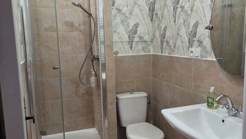 Un baño con ducha de vidrio, inodoro y lavamanos con espejo.