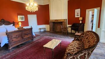 A room with a bed, a chandelier, a fireplace, a sofa, and a rug.