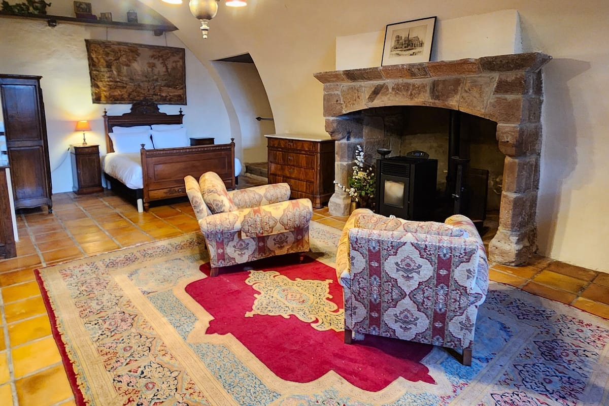 Une pièce avec une cheminée, deux fauteuils à motifs, un tapis rouge et bleu, une commode en bois et un lustre.