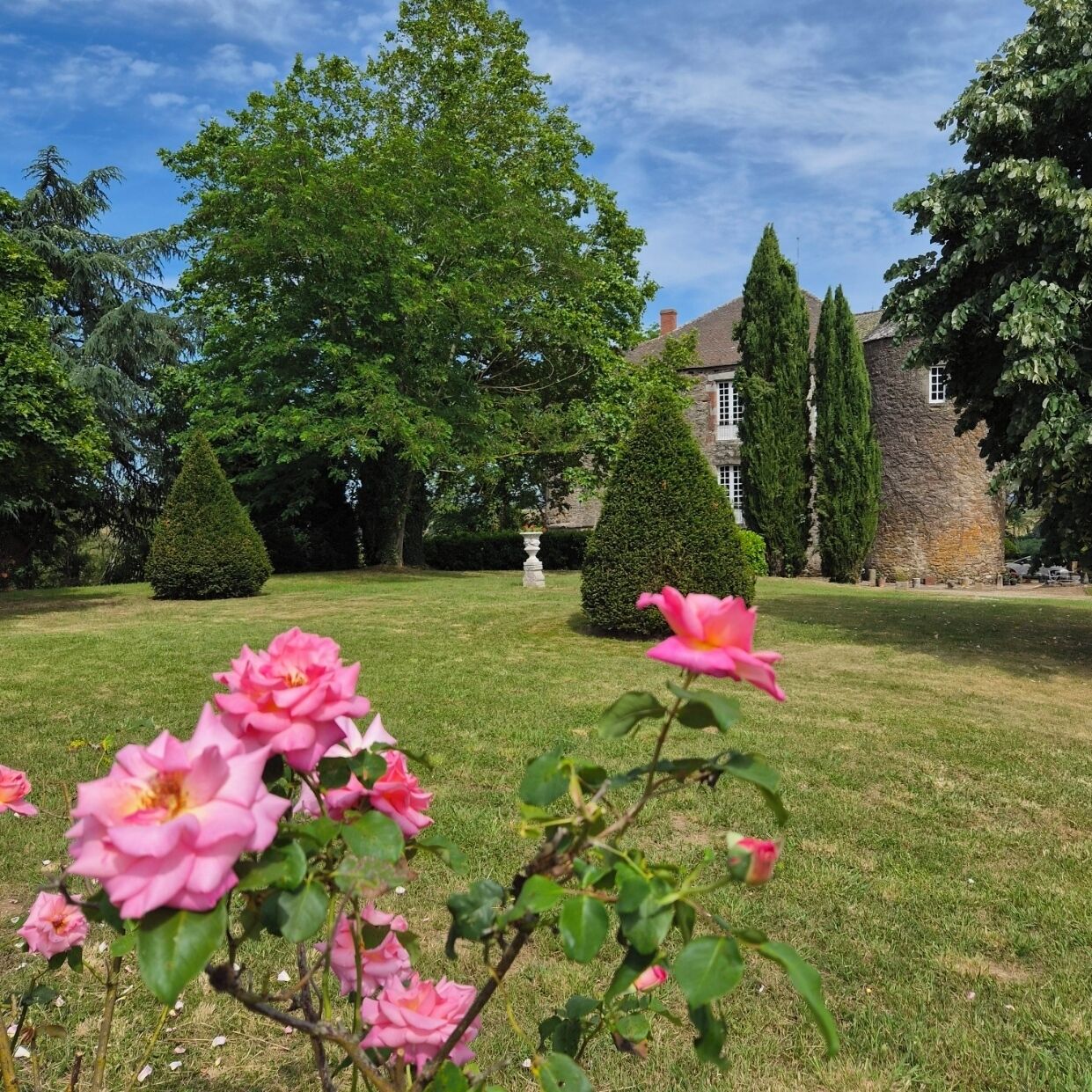 A garden with a stone building, neatly trimmed hedges, and blooming pink flowers.