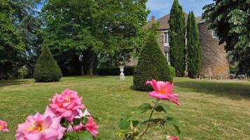 A garden with a stone building, neatly trimmed hedges, and blooming pink flowers.
