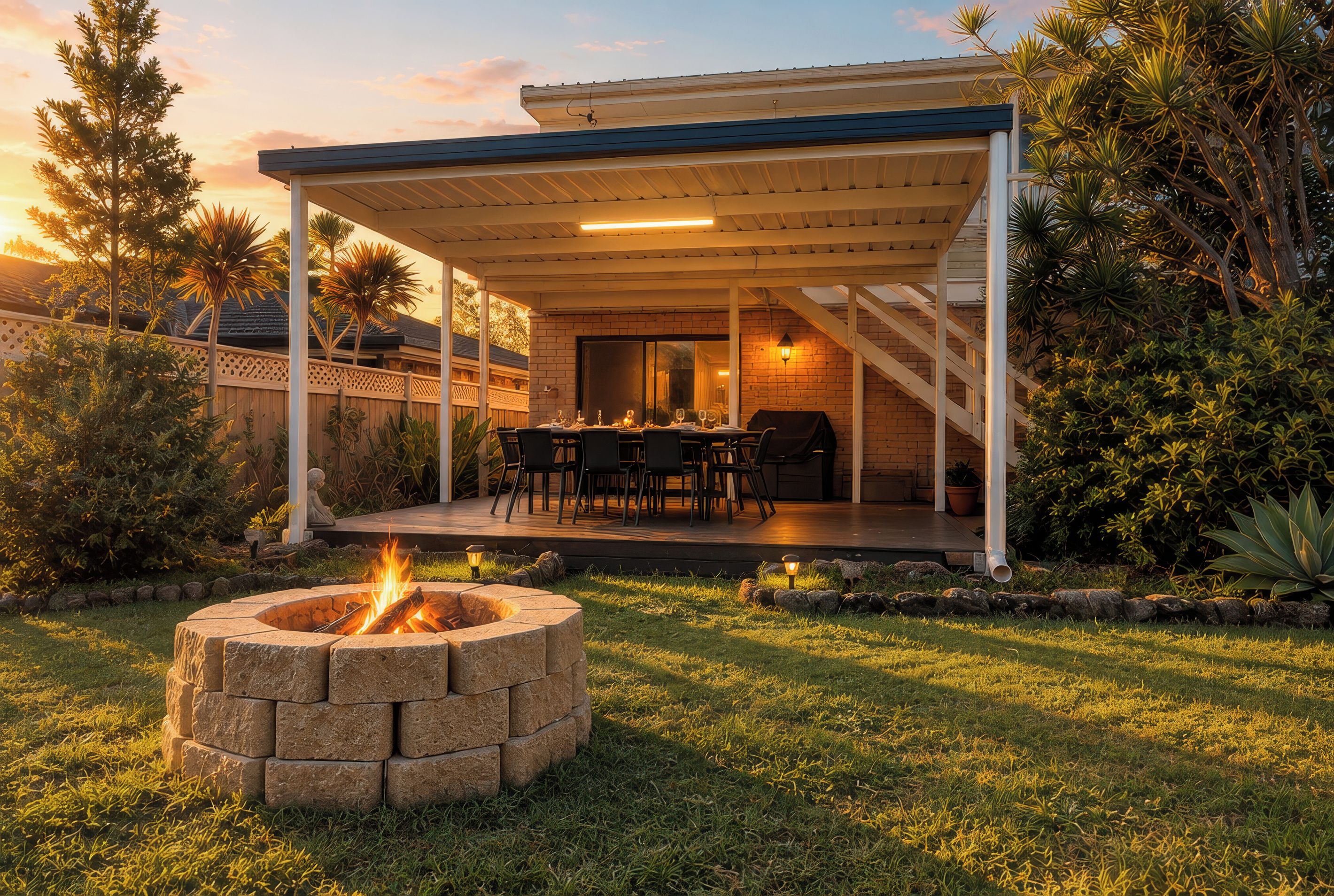 A covered patio with a fire pit, outdoor dining area, and a brick wall.