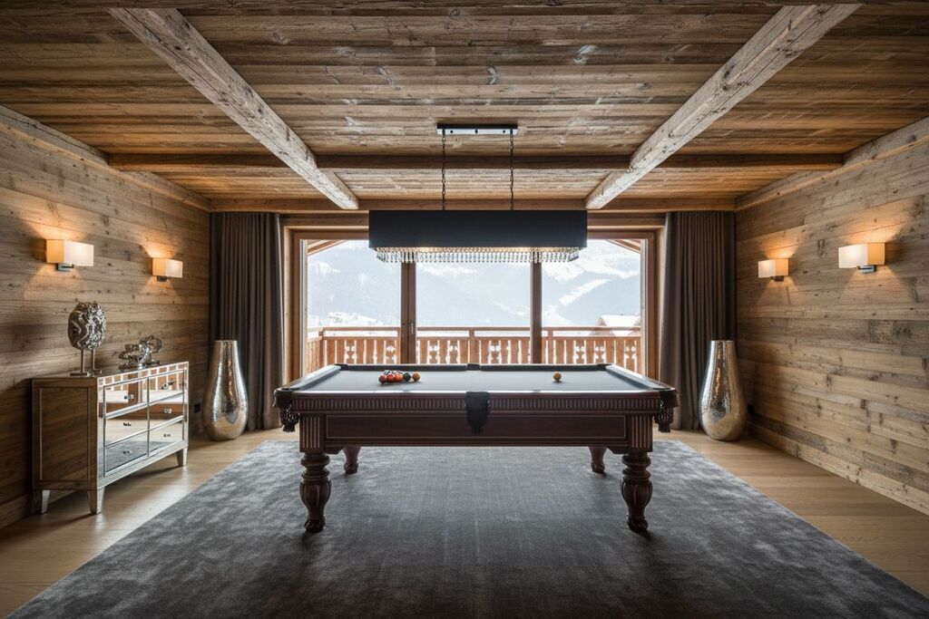 Une table de billard dans une pièce aux murs en bois, avec un balcon offrant une vue sur la montagne.