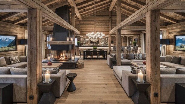 Un interior amplio con vigas de madera, una chimenea, sofás y una zona de bar.